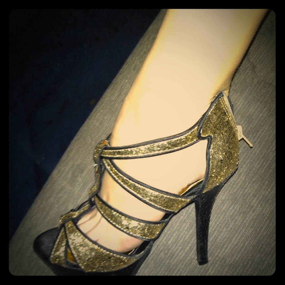 Guess Gold and Black Strappy Heels